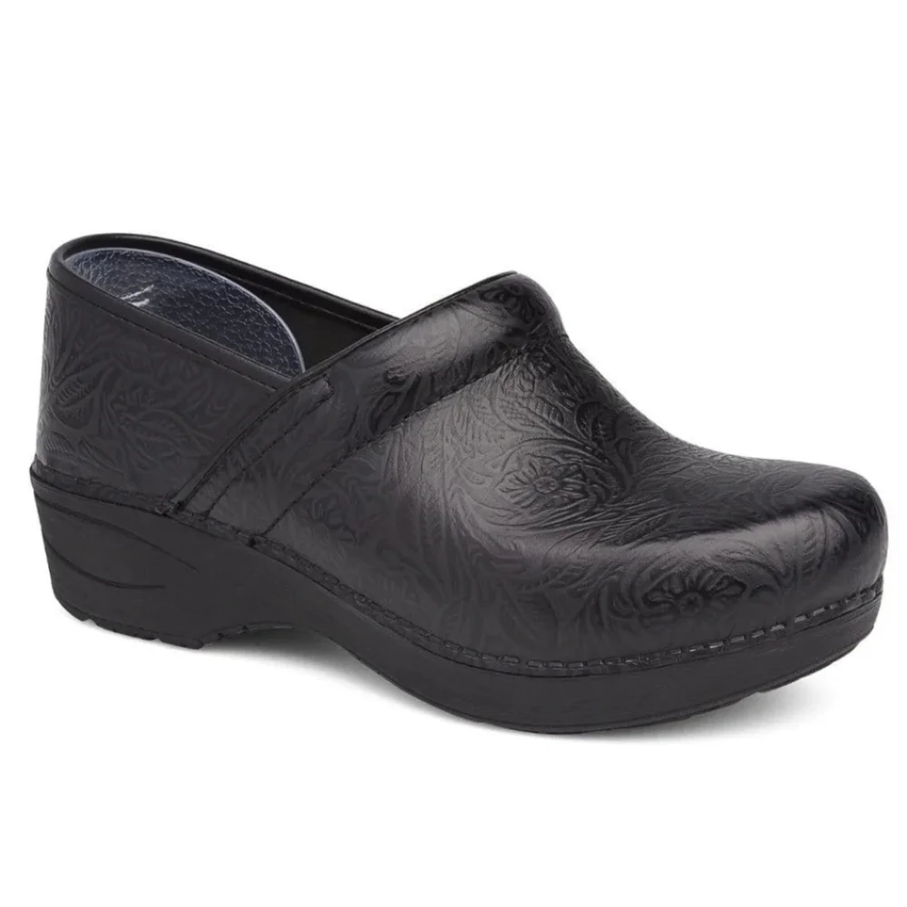 Dansko Professional XP 2.0 Black Tooled Floral Leather Stapled Non Slip Clogs 40
